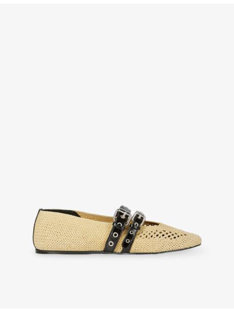 Double-Buckle Raffia and Leather Ballet Flats