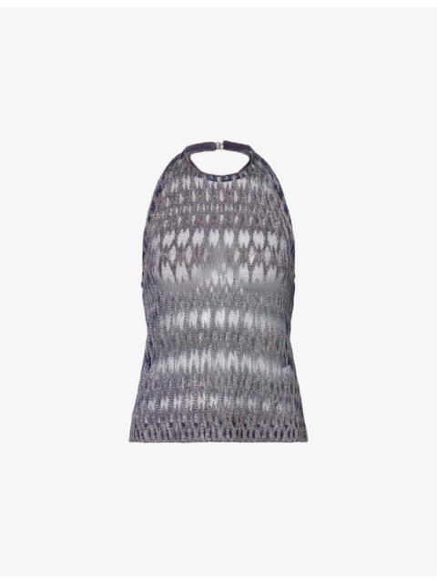 Chevron Halterneck Metallic-Knit Tank Top