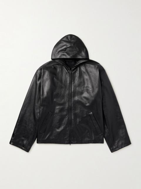 Oversized Logo-Debossed Leather Hooded Jacket Black