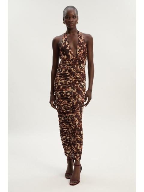 Leopard Print Plunge Halter Neck Mesh Midi Dress