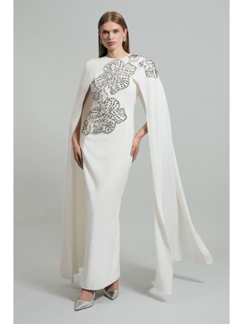 Placed Floral Crystal Embellished Tailored Drama Cape Maxi Dress