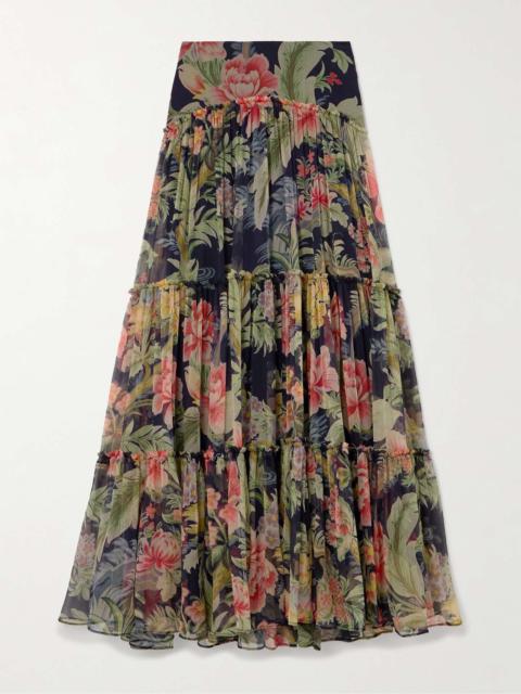 Tiered gathered floral-print silk-crepon maxi skirt