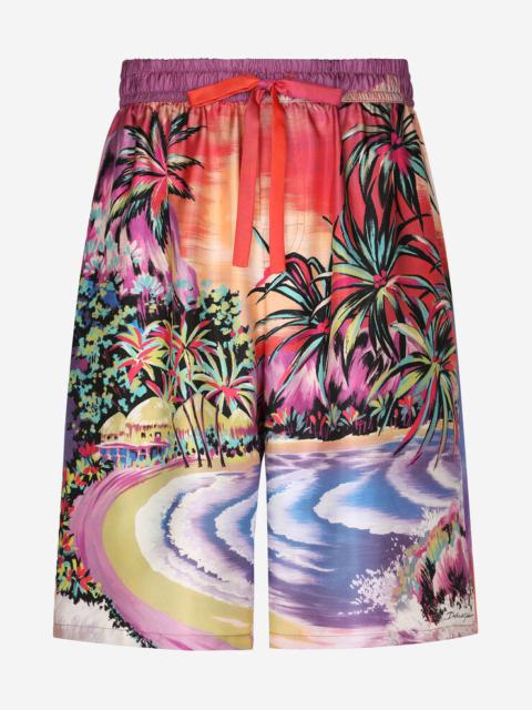 Silk twill jogging shorts with Hawaiian print