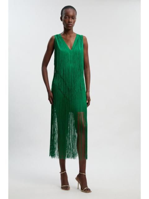 Petite Fringe Bandage V Neck Knit Midi Dress