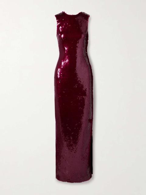 Simm open-back draped sequined chiffon gown