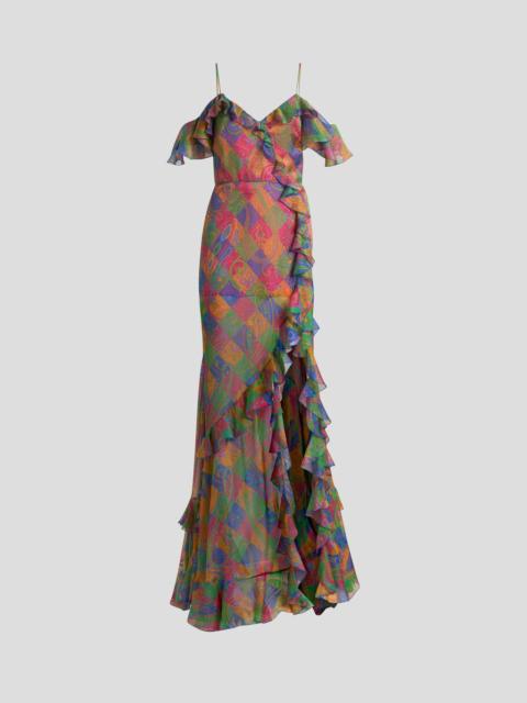 SILK LONG DRESS WITH RUFFLES AND GEOMETRIC PAISLEY MOTIF