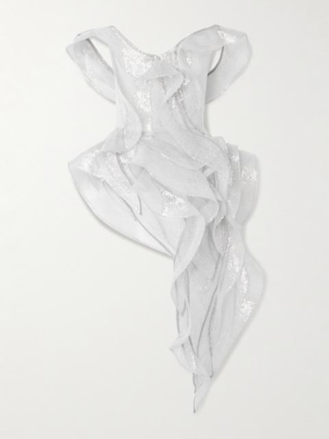 Liora Wave Asymmetric Ruffled Sequined Mesh Top