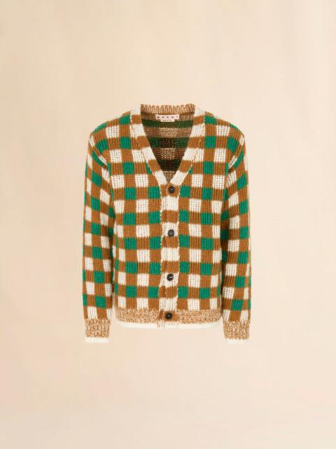 GREEN WOOL AND MOHAIR CARDIGAN WITH CHECKERBOARD MOTIF