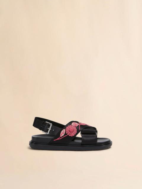 BLACK SATIN FUSSBETT WITH FLOWER APPLIQUÉS