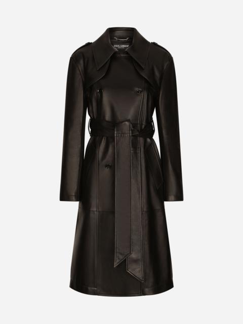 Belted double-breasted leather coat