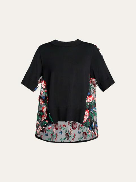 Floral Embroidered Short-Sleeve Sweater