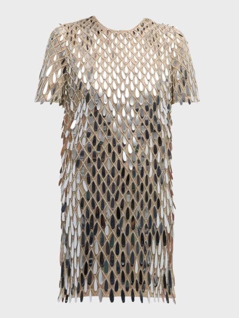 Sequined Crystal Short-Sleeve Mini Shift Dress