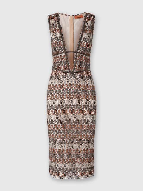 Midi Dress with V-Neck and Embroidered Lace