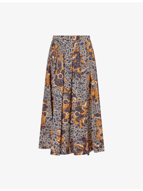 Floral-Print Elasticated-Waist Cotton Midi Skirt