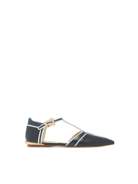 Leya Moto T-Strap Flat Shoe in Navy Multi Leather