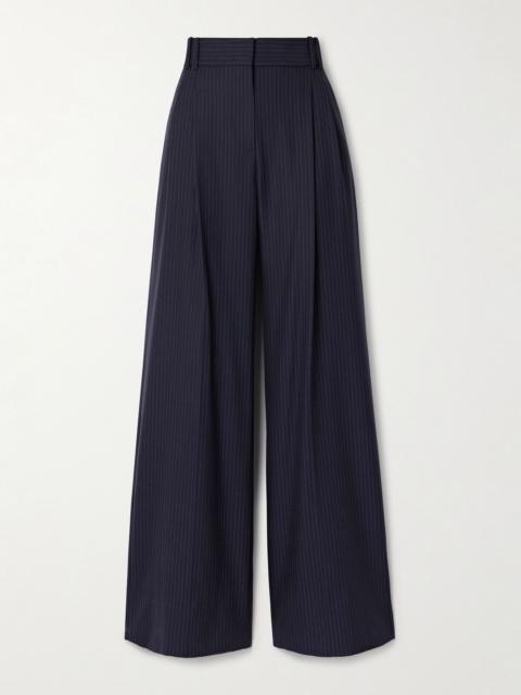 Pleated pinstriped wool-blend wide-leg pants Navy