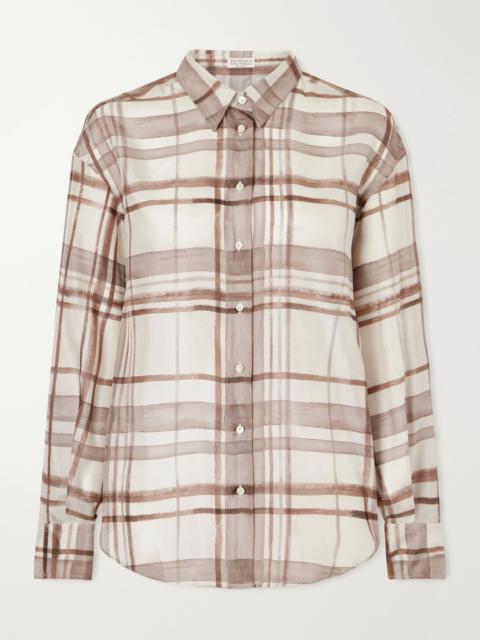 Checked silk-satin shirt Brown