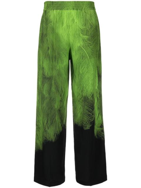 feather-print silk trousers