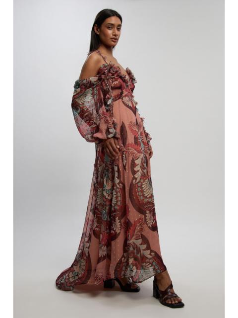 Petite Metallic Thread Printed Cold Shoulder Woven Maxi Dress