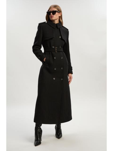 Wool Pu Mix Tailored Belted Trench Maxi Coat