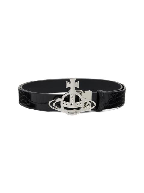 Black Croc Leather Line Orb Buckle Belt