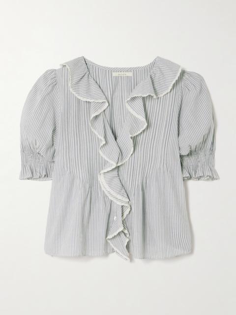 Henri Lace-trimmed Ruffled Pintucked Striped Organic Cotton-voile Top
