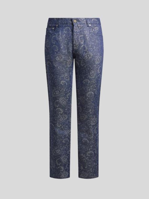 REGULAR-FIT COTTON AND LINEN JACQUARD DENIM JEANS WITH LEAFY PAISLEY MOTIF
