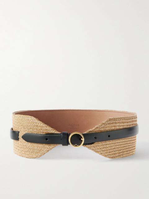 Leather-trimmed Raffia Waist Belt