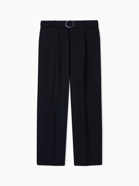 TROUSERS WITH PLEATS AND BELT IN STRETCH WOOL CANVAS