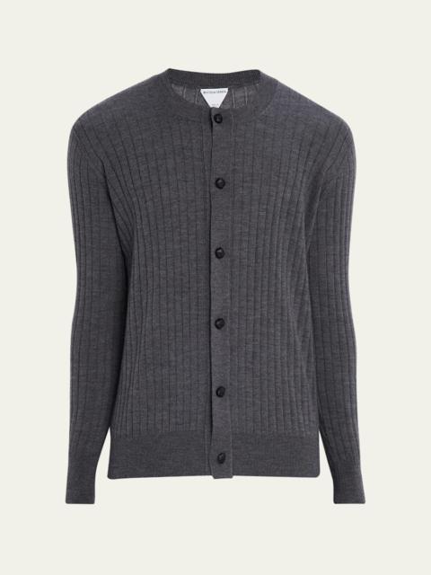 Men's Ribbed Wool Cardigan with Leather Buttons