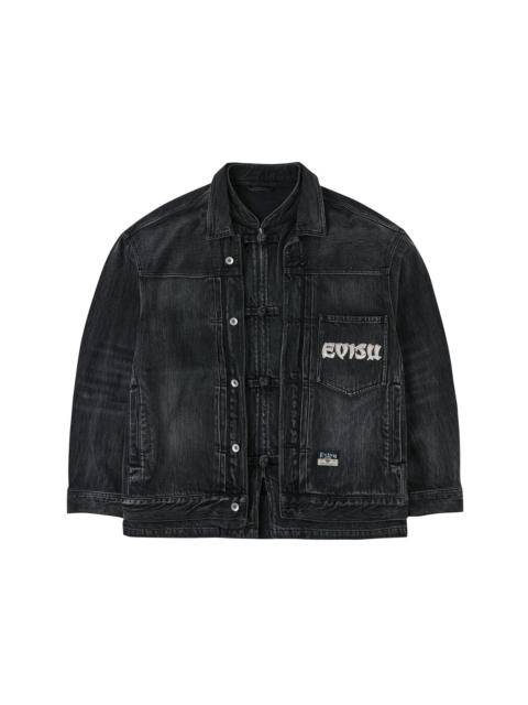 Washed Godhead and Logo Embroidery Oversized Chinese Style Denim Jacket