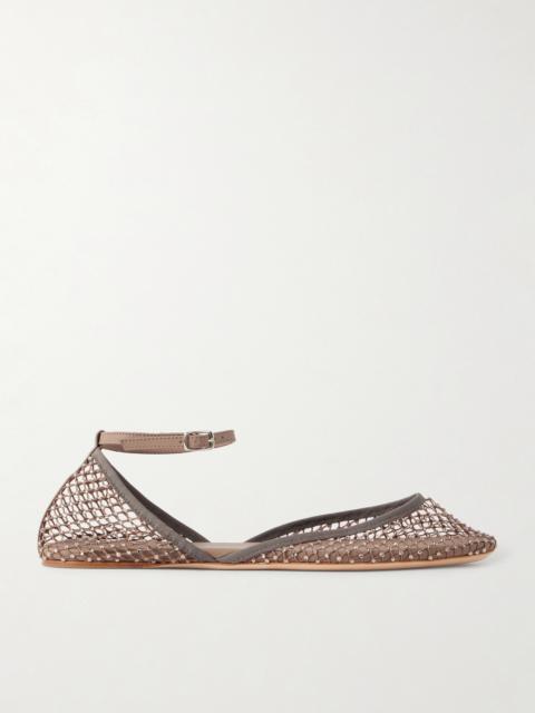 Minette Leather-trimmed Crystal-embellished Mesh Ballet Flats