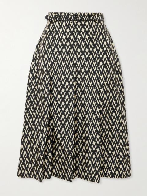 Belted Pleated Printed Silk-twill Midi Skirt