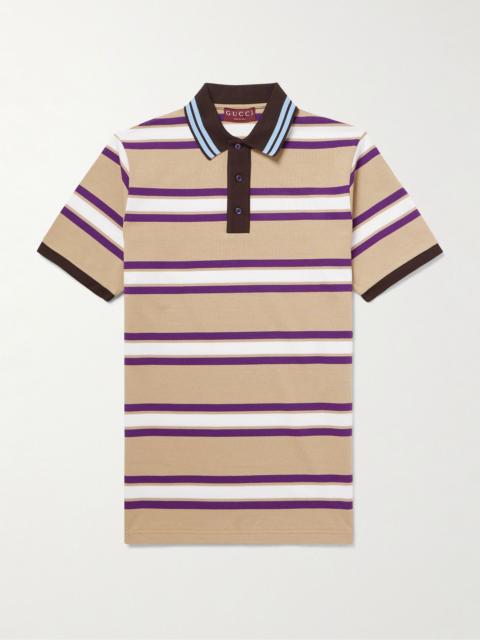 Logo-Embroidered Striped Cotton-Jersey Polo Shirt Beige