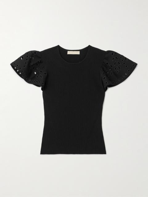 Edith Embroidered Ruffled Ribbed-knit Top