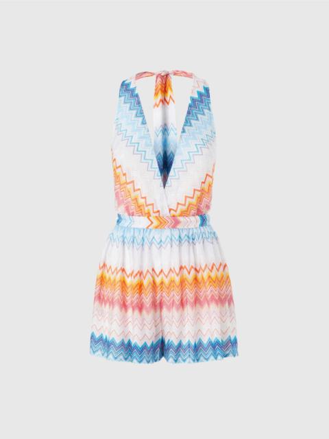 Short jumpsuit in viscose blend zig zag lamé with V-neck