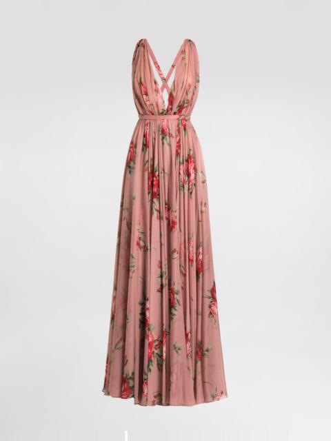 Rose bouquet-print chiffon dress