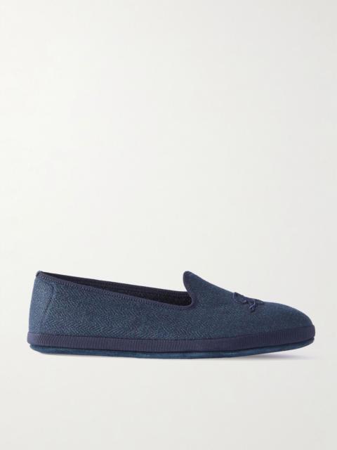 Venice embroidered herringbone cashmere slippers Navy