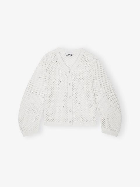 WHITE RHINESTONE COTTON POINTELLE CARDIGAN