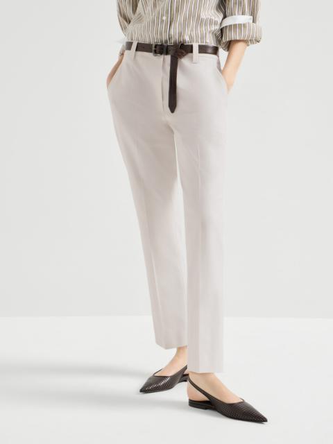 Stretch twisted cotton twill cigarette trousers with monili