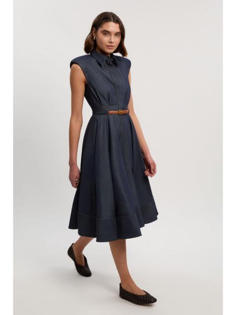 Petite Denim Tailored Belted Collared Full Midi Dress