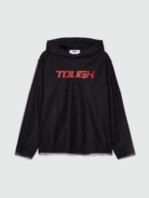 Black tulle mix hoodie with "TOUGH" print