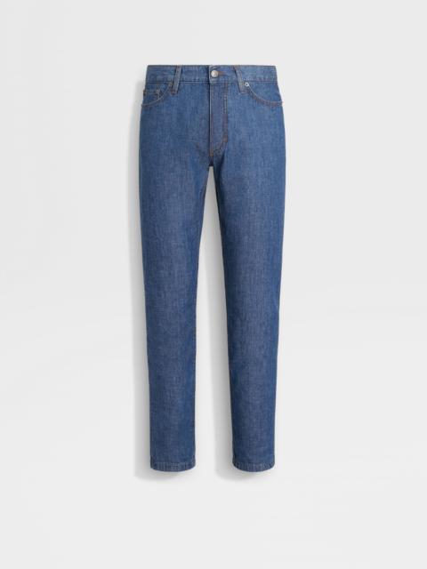 DARK BLUE BLEACHED COTTON AND LINEN ROCCIA JEANS