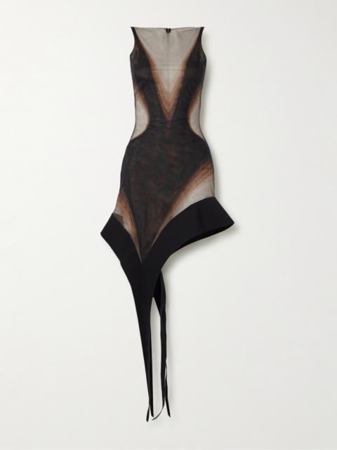 Asymmetric Scuba-trimmed Stretch-tulle Mini Dress