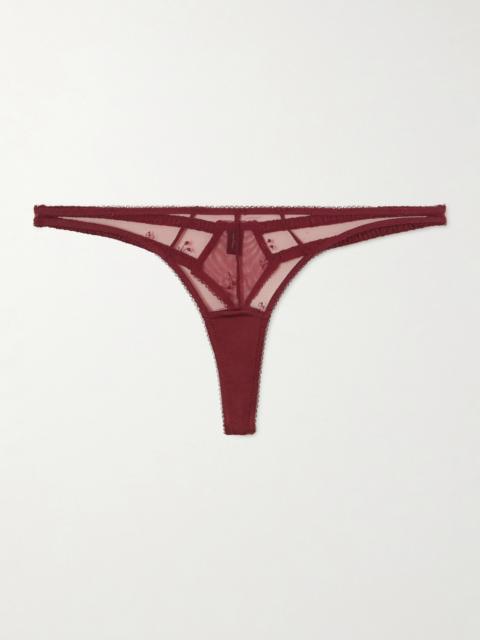 Cerise Embroidered Mesh Thong
