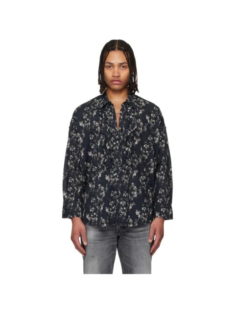 Black Shredded Seam Ruffle Shirt