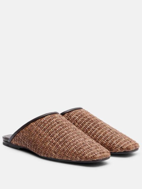 Leather-trimmed raffia mules