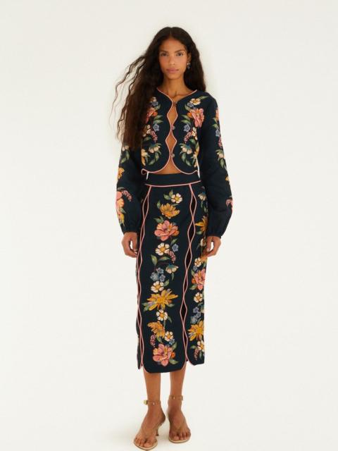 Dark Blue Maira Floral Euroflax Premium Linen Midi Skirt