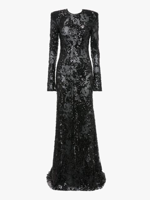 Long Sleeve Backless Sequin Gown In Black