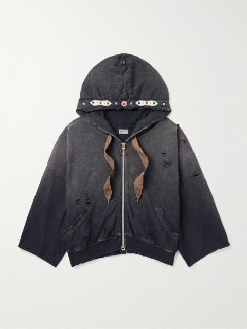 Embelished Distressed Cotton-Jersey Zip-Up Hoodie Black